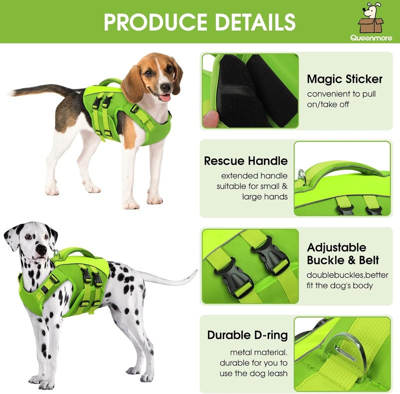 Queenmore Small Dog Life Jacket,Small Dog Life Vest for Swimming,Adjustable Reflective Dogs Swimming Vest,High Buoyancy Dogs Lifesaver,Pet Life Preserver(Green,S) - Image 2